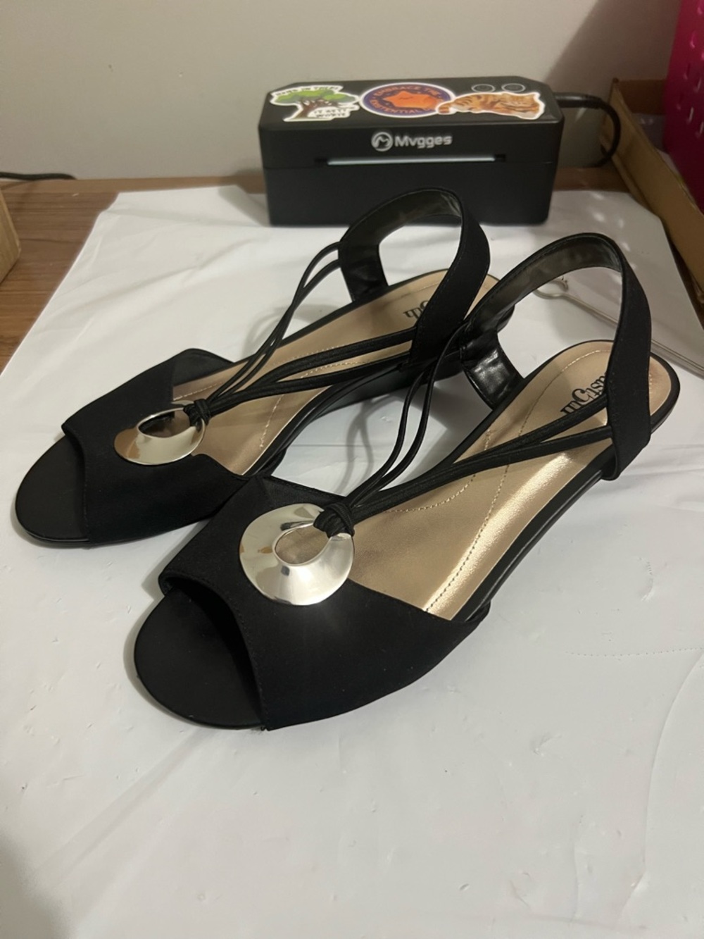 East 5th Ravena Wedge Black Open-Toe Slingback Sandal Silver Accent Y2K 7 - Picture 4 of 9